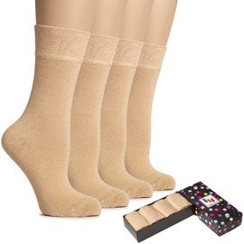 Hugh Ugoli Women's Bamboo Thin Crew Socks for Dress Business & Trouser, Seamless Toe, 4 Pairs in Gift Box, Beige, Shoe Size: 8-11
