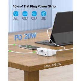 TROND 20W USB C Power Strip Surge Protector - 5ft Flat Plug Extension Cord with Multiple 6 Outlet, 4 USB, 900 Joules, 3 Sided Design, Mountable, Compact for Home Office Travel Dorm Room Essentials