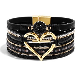 VIBILIA Boho Leather Wrap Bracelets for Women Heart Multi-Layer Bracelets with Strong Clasp Jewelry for Women-Black