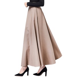 Women's Girls Plain Linen Maxi Skirt Long Skirt Maxi Skirt with Side Pockets Elastic Waist Retro Vintage Simple Chic Skirt Length 90 cm Size 34/36/38/40/42, Plain Khaki