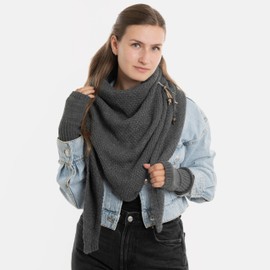 KNIT FACTORY - Women's Winter Set - Coco Triangle Scarf & Cleo Hand Warmers - Winter Scarf and Gloves - Knitted Scarf with Gloves - Made from 30% Wool and 70% Polyacrylic, charcoal