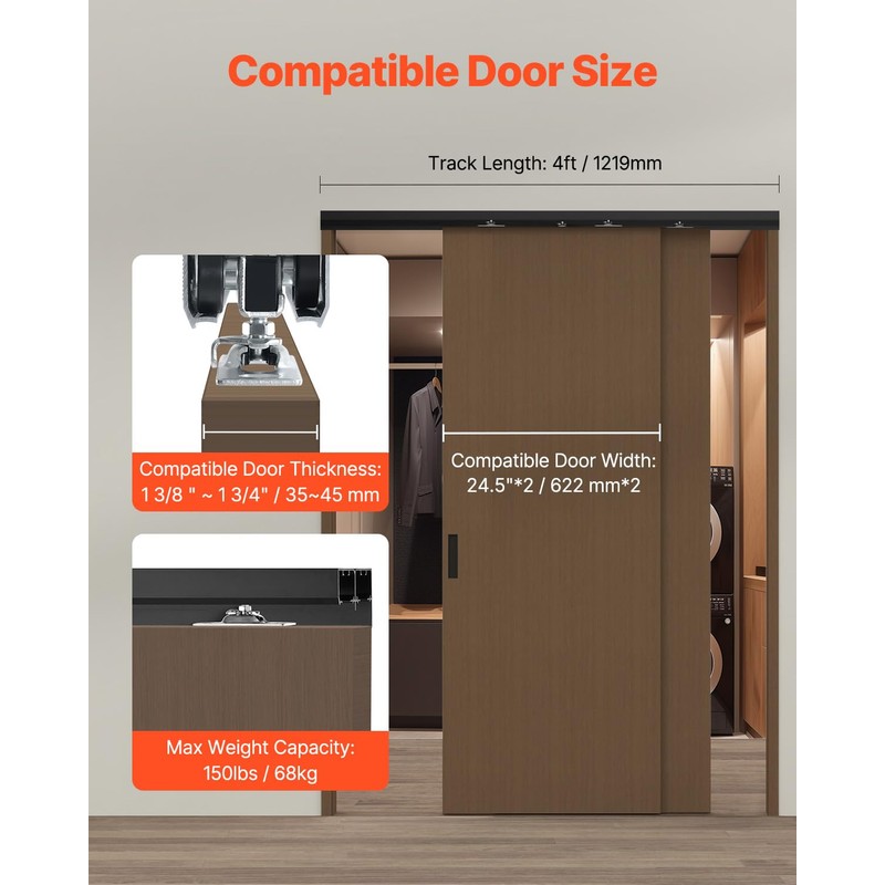 VEVOR Bypass Door Hardware, 4ft Heavy Duty Bypass Sliding Door