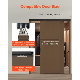 VEVOR Bypass Door Hardware, 4ft Heavy Duty Bypass Sliding Door Hardware Kit, Aluminum Alloy Sliding Closet Door Hardware Set with Finger Pulls, for 2 Door System, Fit Door Thickness 1 3/8" - 1 3/4"