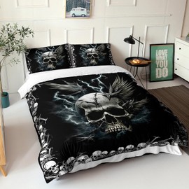 AILONEN Boys Skull Duvet Cover Set Queen Size, 3 Pieces Goth Bedding Set for Boys Men Teen,Gothic Comforter Cover Set,Lightning Skeleton Terror Skull Black Queen Quilt Cover with 2 Pillowcases