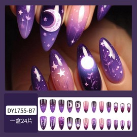 Star Moon Glue on Nails Ballerina Purple Gradient Press on Nails Long Almond Acrylic False Nails Mirror Artificial Nails for Women Girls