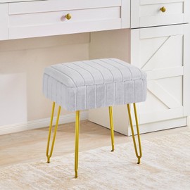 Redlife Vanity Stool with Storage, Vanity Stool Chair, Faux Fur Vanity Chair with Gold Leg, Footrest Footstool Ottoman, Multifunctional Makeup Vanity Chair for Vanity Makeup Room Bedroom(Silver Gray)