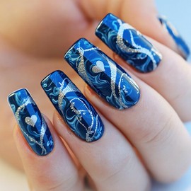 NGMATY 24Pcs Blue Gradient Press on Nails Gold Curve Line Press on Nails Sea Medium Square False Nails Love Glitter Heart Stick on Fingernails Gel Glue on Nail for Women Girls (Blue with Gold)