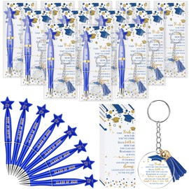 Spakon 24 Sets Graduation Gifts Bulk Class of 2025 Graduation Favors Star Pens with Positive Cards, Inspirational Acrylic Keychains with Tassel for Teacher Students End of Year Gifts(Blue)