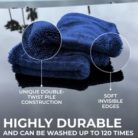 Microfiber Car Drying Towel 1300 GSM Double Twist Pile - Super Absorbent Auto Wash Towel for Cars Trucks SUV - Detailing Cleaning Cloth 16x16 Navy 2-Pack
