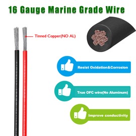 16 Gauge Marine Wire Tinned Copper Boat Cable, Standard USA OFC Oxygen Free Copper Wire for Automotive Boat Speakers Solar Outdoors (16 Gauge 50FT Red+50FT Black)