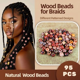 95 Pcs Wood Hair Beads for Braids and Dreadlocks, 12mm Painted Natural Wooden Beads for Loc Dreadlock Hair Accessories for Women