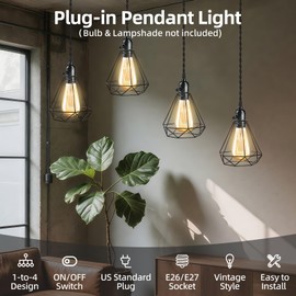 Vintage Plug-in Pendant Light Kit with 1-to-4 Hanging E26/E27 Sockets, Industrial Hanging Light with Individual Rotary Switches, Easy DIY Lighting for Living Room, Patio and Plant Corners, Black