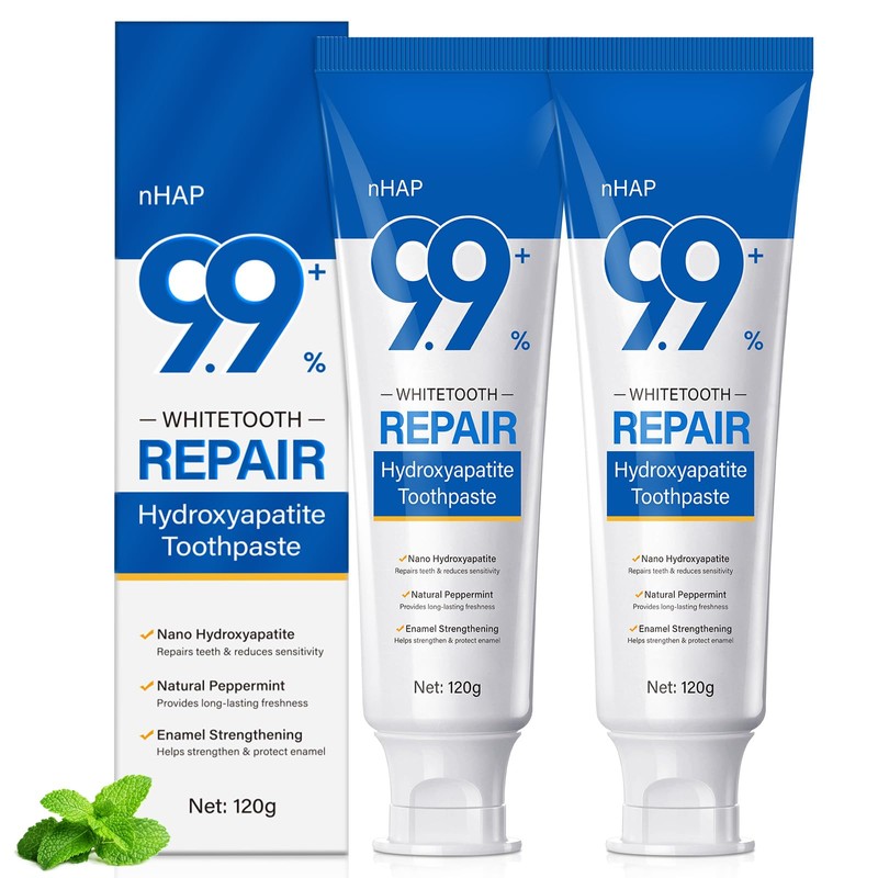 Hydroxyapatite Toothpaste 2PC for Enamel Protection, Contains 9.9% Nano-Hydroxyapatite, Restores
