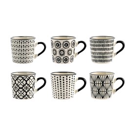 H&H Vhera Set 6 Tazzine Caffè in Stoneware (85 ml) – Eleganti Tazzine Bianco/Nero con Decorazioni Geometriche e Floreali – Lavabili in Lavastoviglie e Utilizzabili in Microonde