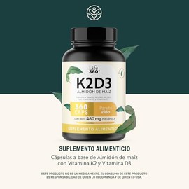 LIFE 360 Vitamina K2 y D3 400 UI  360 Cpsulas  Sin azcar aadida ni colorantes  Cpsulas de Gelatina a Base de Almidn de Maz con Vitamina K2 y Vitamina 