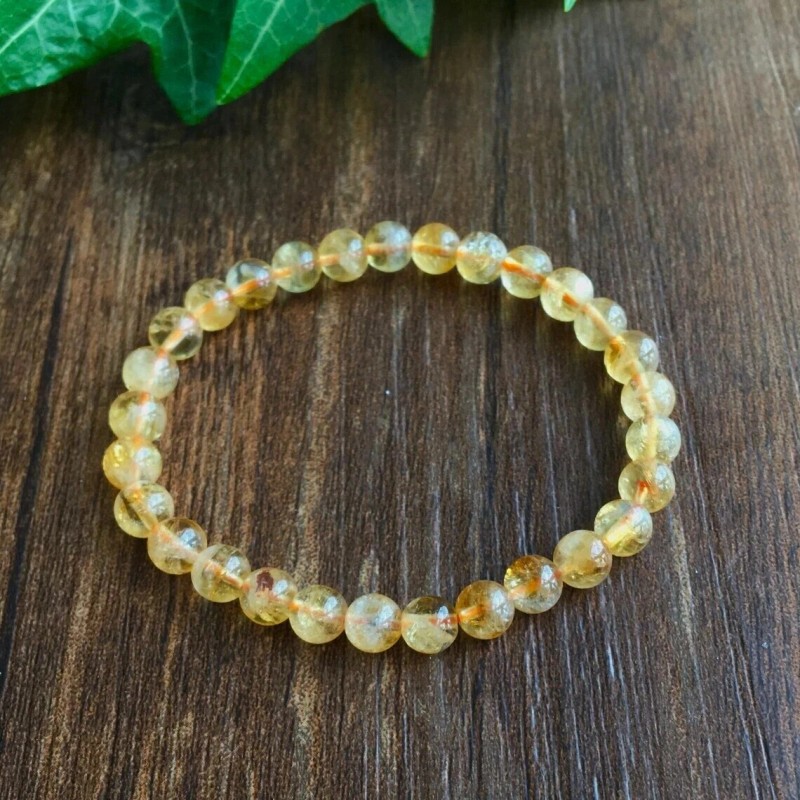 Natural Citrine 6mm Round Beads Dainty Gemstone Elastic Stretch Bracelet