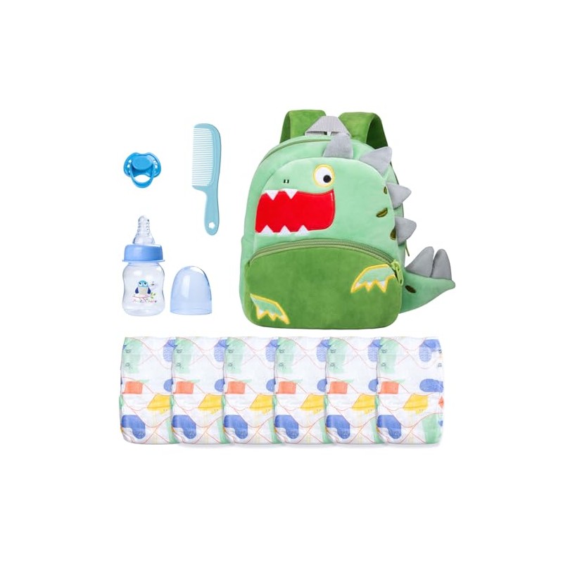 10Pcs Reborn Baby Doll Diaper Bag Care Set Dino Backpack