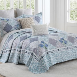 DDUOXIN Floral Oversized King Bedspread 128"x120" - 100% Cotton Reversible California King Quilt with 2 Pillow Shams, Farmhouse Bedspreads Lightweight Bedding Set, Blue, 3 Piece