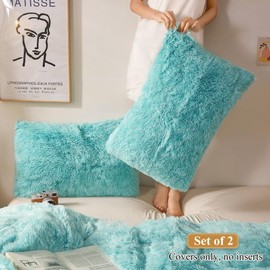 XeGe Faux Fur Throw Pillow Cases, Plush Shaggy Ultra Soft Pillow Covers, Fluffy Crystal Velvet Decorative Pillowcases, Furry Fuzzy Pillow Shams Zipper Closure, Set of 2(Standard, Aqua Ombre)