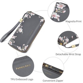 Pomelo Best Women's Large Purse in Long Format Flowers Embossing Zip Wallet with RFID Blocking and Many Compartments, gray, Modern