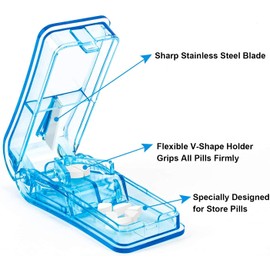 Timotech Cortadores de pastillas profesionales con punta de acero inoxidable y espacio para almacenar | Pastillero y cortador de píldoras con compartimento para almacenar medicamentos (2 piezas) (Azul)