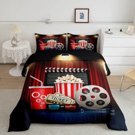 Homewish Movie Theater Comforter Set Queen Size,Vintage Cinema Ticket Bedding Set for Kids Boys Girls Bedroom Decoration,Popcorn Bed Duvet Insert,Filmstrip Comforter with 2 Pillowcase