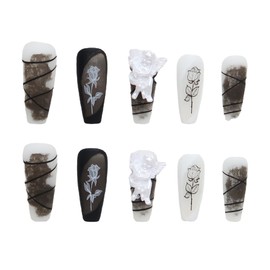 24PCS with Nail Glue Press On Nails, Stick On Nails for Women Girls, Short Long Almond Square Ballet Shape Fake Nails (Black Rose Angel)