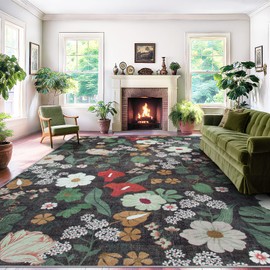 Area Rug Living Room Rugs: 5x7 Washable Rug Vintage Floral Soft Boho Non Slip Carpet Indoor Floor Non Shedding Low Pile Thin Carpets for Bedroom Dining Room Farmhouse Nursery Home Office Green