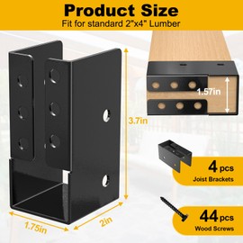 Concealed Joist Hanger , Outdoor Concealed-Flange Joist Bracket with Screws, Q235B Steel Powder Coated Concealed Mount Light Joist Hangers for Beam, Swing, Handrail, Fence (4PCS, 2X4)