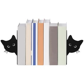 2Pcs Peeping Cat Metal Bookends, Cute Black Cat Book Ends for Shelves, Desktop Book Holder with Smooth Surface Edge for Home Office Desk Decor, Cat Lover Gifts for Women Kids(Full face)