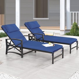 TOP HOME SPACE Patio Lounge Chairs 2 Pcs Outdoor Chaise Lounge Chair Set Blue Textilene Chaise Chairs with Long Cushion