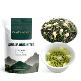 ZenVerdant Premium Jasmine Green Tea Loose Leaf, 12oz | 7x Scented, Low Caffeine, High Antioxidant | Cold Brew Ready, Smooth Taste, Natural Floral Notes