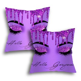 Bapcoku Hello Gorgeous Lashes Makeup Purple Decor Throw Pillow Covers Set of 2 Living Room Cushion Covers 18x18 Inch Farmhouse Home Couch Sofa Bed Decorative
