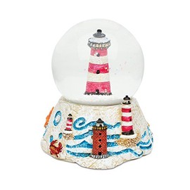 Puzzled Pink Stripes Lighthouse Snow Globe Resin Sailboat Brick Collection Ocean Life Nautical Aquatic Marine Theme Room Decor Table Top Accent Size: 3.55 x 3.75 inches Novelty Craft Decorative Gift