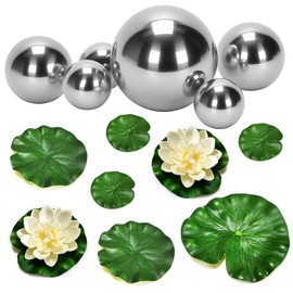 Voarge Pack of 6 Swimming Balls for Mini Pond, with 6 Floating Lotus Leaves and 2 Pieces Lotus Flower, for Pond Decoration, Garden, Pond Decoration, Mini Pond, Pond Pool, Decorative Balls Garden