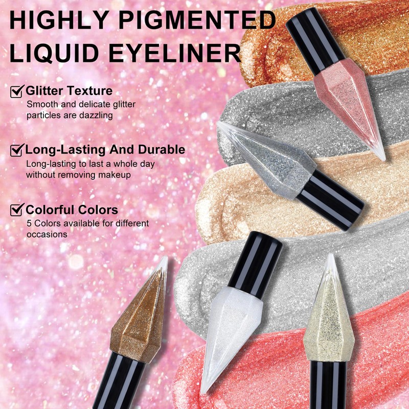 Ingzy Flüssiger Eyeliner mit Glitzer, Metallic-Eyeliner, glitzernd, weiß, silberfarben, goldfarben,