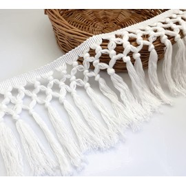 FQTANJU 3 Yards 14cm Wide Tassel Trim, Cotton Tassel Fringe Boho Macrame Tassel Ribbon for Sewing Accessories DIY Crafts and Home Decoration (Ivory White)