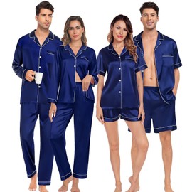 SWOMOG Matching Pajamas Sets for Couples 4 Pcs Silk Satin Pjs Sets Women & Men Button-Down Sleepwear Soft Loungewear Navy Blue Medium Women
