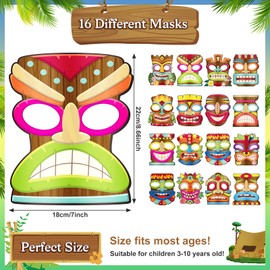 Aoriher 16 Pcs Aloha Party Supplies Tiki TotemTropical Masks for Luau Hawaii Tiki Paper Masks Hawaiian Party Favors for Boys Girls Adult