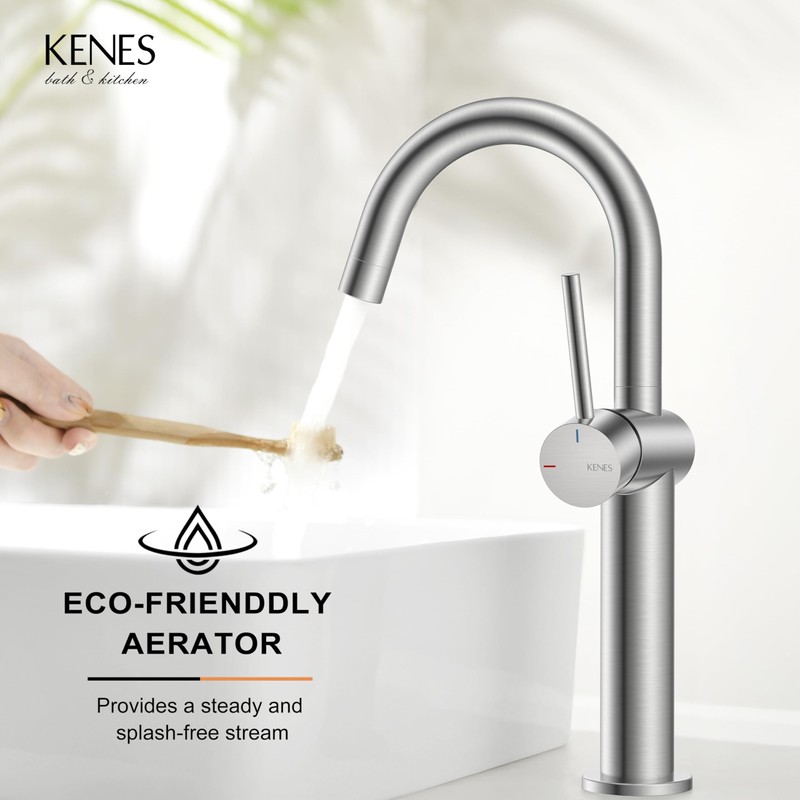 KENES Brushed Nickel Vessel Sink Faucet, Single Handle Tall Bathroom