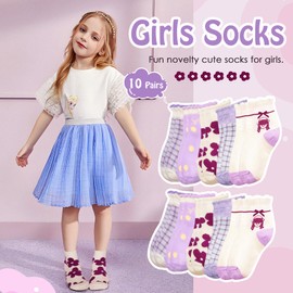 Zzxlw Girls Socks Toddler Kids 10 Pair Frilly Crew School Breathable Sweating Violet Flowers Points Sweet Cartoon Colorful Children Suitable for Princess Roll-up Socks S 3-5 Years
