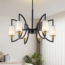 26.8" Black Gold Chandelier with White Shades, 6-Light Modern Farmhouse Chandeliers for Dining Room, Height Adjustable Industrial Light Fixture for Kitchen Island Foyer Entryway Hallway Living Room