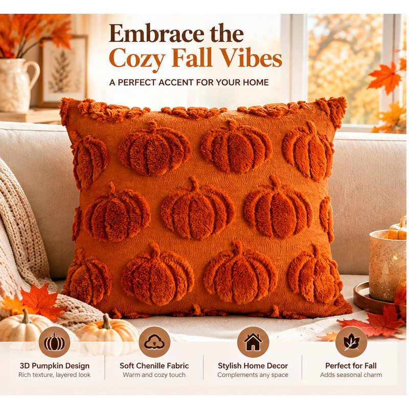 3D Plush Pumpkin Pillow Cover for Fall Decorating – Soft