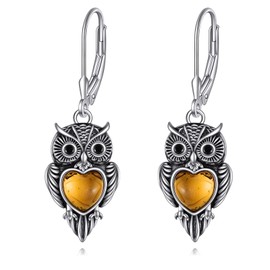 AXELUNA Owl Earrings 925 Sterling Silver Amber Owl Earrings Animal Dangle Earring Owl Lovers Gifts Owl Jewelry for Women