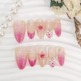30Pcs Red Flowers Press on Nails Medium Almond French Tip Fake Nails 3D Flowers Rhinestones Glitter Designs Full Cover Pink Ombre Stick on Nails Summer False Nails for Women Girls Acrylic Nail Decor