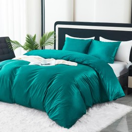 HCORA Velvet Duvet Cover Set - 3PCS Ultra Soft Duvet Cover Queen Size with 2 Pillowcases - Luxurious, Glossy Velvet Queen Duvet Cover Set with Zipper Closure Corner Ties (Dark Green, 90" x 90")