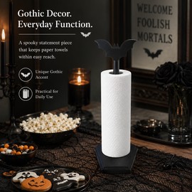 Gothic Bat Paper Towel Holder for Kitchen – Wooden Halloween Countertop Stand with Detachable Bat Topper for Spooky Decor