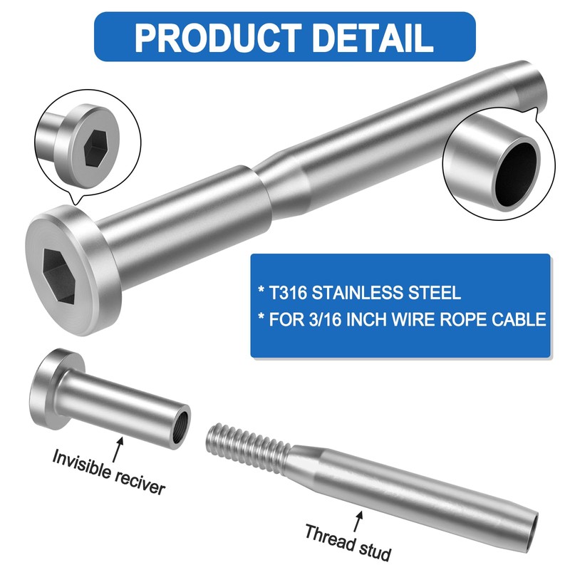 CKE 20 Pack 3/16" Invisible Cable Railing Kit, Invisible Receiver