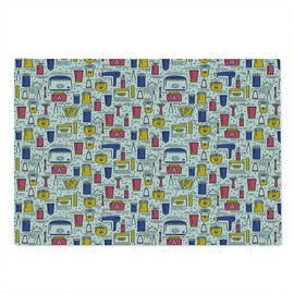 Ambesonne Hipster Cutting Board, Body Care Tools from Hair Dryer Toothbrush and Cosmetic Products Pattern, Decorative Tempered Glass Cutting and Serving Board, Large Size, White and Multicolor