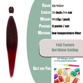 Lbsiwi Pre Stretched Braiding Hair EZ Braiding Hair Ombre Braids 26 Inch 3 Packs Hot Water Setting Professional Synthetic Fiber Yaki Texture Itch Free Crochet Twist Hair Extensions (26 inch, 1B/900)